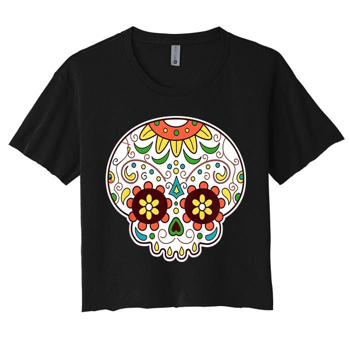 DOD Day Of The Dead Sugar Floral Skull Head Women's Crop Top Tee