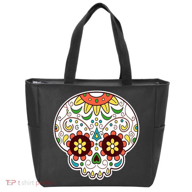 DOD Day Of The Dead Sugar Floral Skull Head Zip Tote Bag