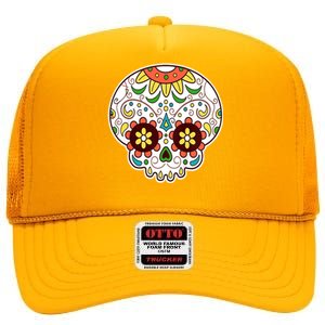 DOD Day Of The Dead Sugar Floral Skull Head High Crown Mesh Back Trucker Hat