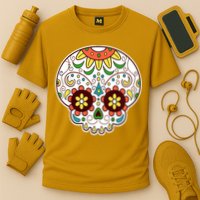 DOD Day Of The Dead Sugar Floral Skull Head Cooling Performance Crew T-Shirt