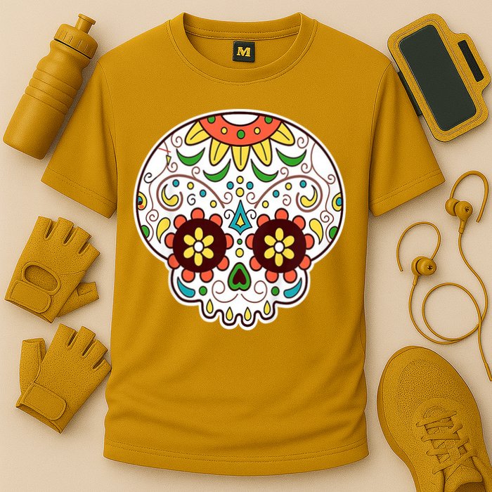 DOD Day Of The Dead Sugar Floral Skull Head Cooling Performance Crew T-Shirt