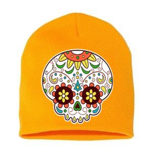 DOD Day Of The Dead Sugar Floral Skull Head Short Acrylic Beanie