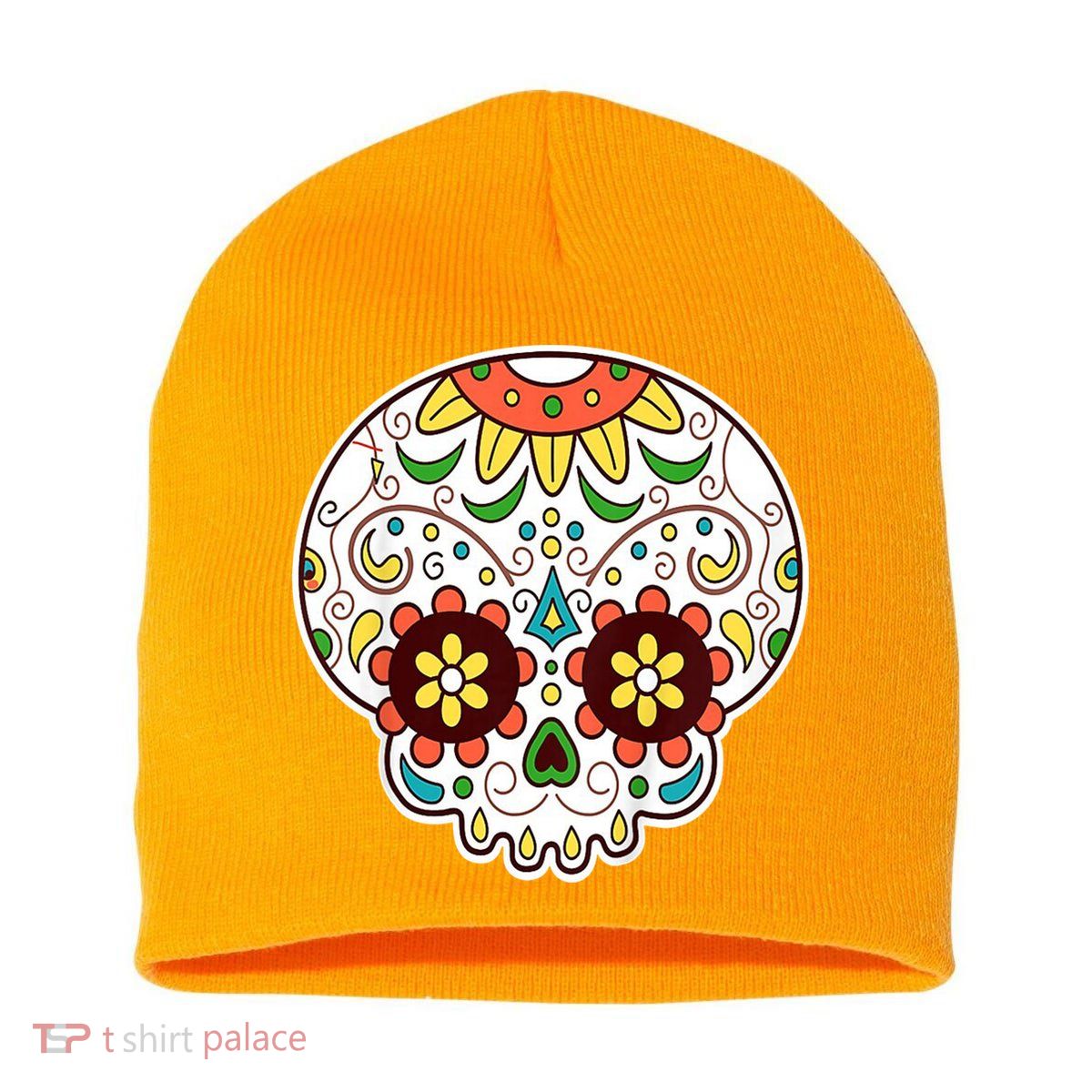 DOD Day Of The Dead Sugar Floral Skull Head Short Acrylic Beanie