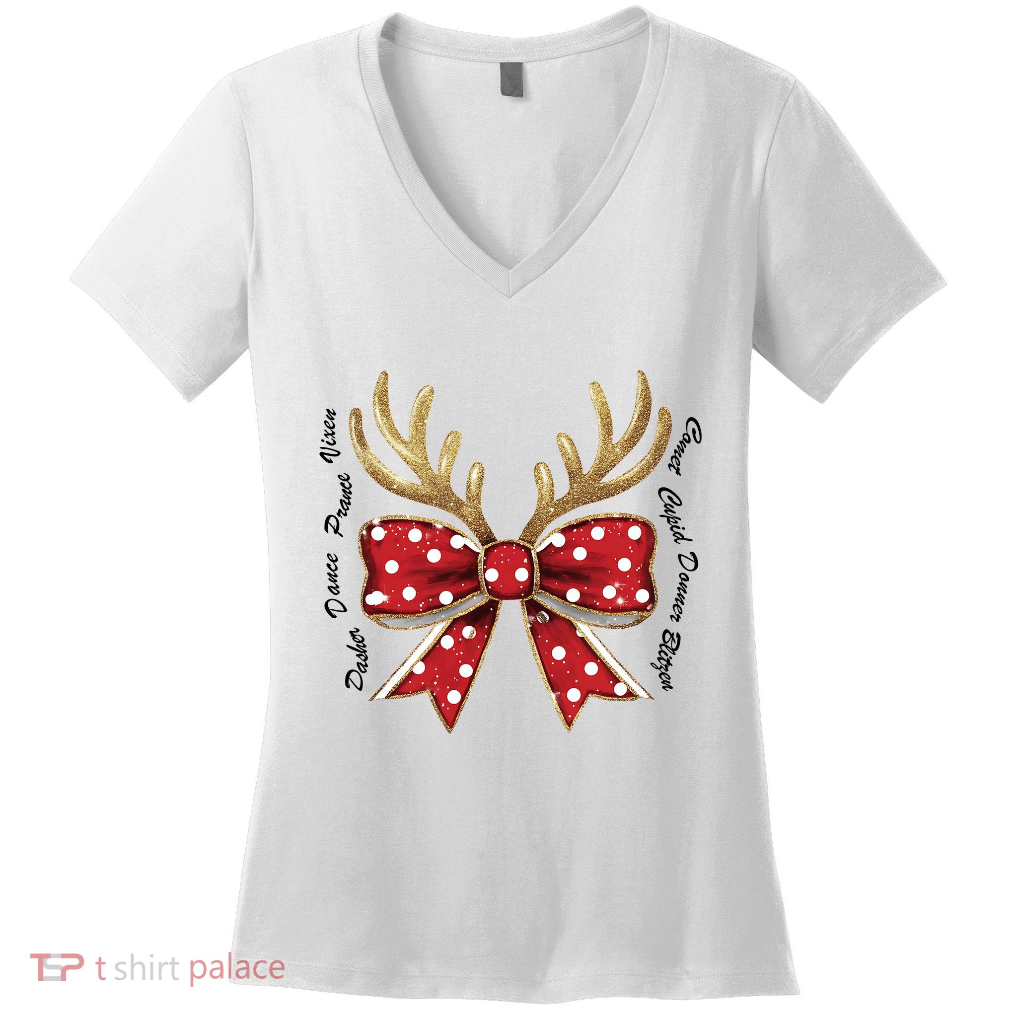 Dasher Dancer Prancer Vixen Comet Cupid Donner Blitzen Christmas Reindeer Women's V-Neck T-Shirt