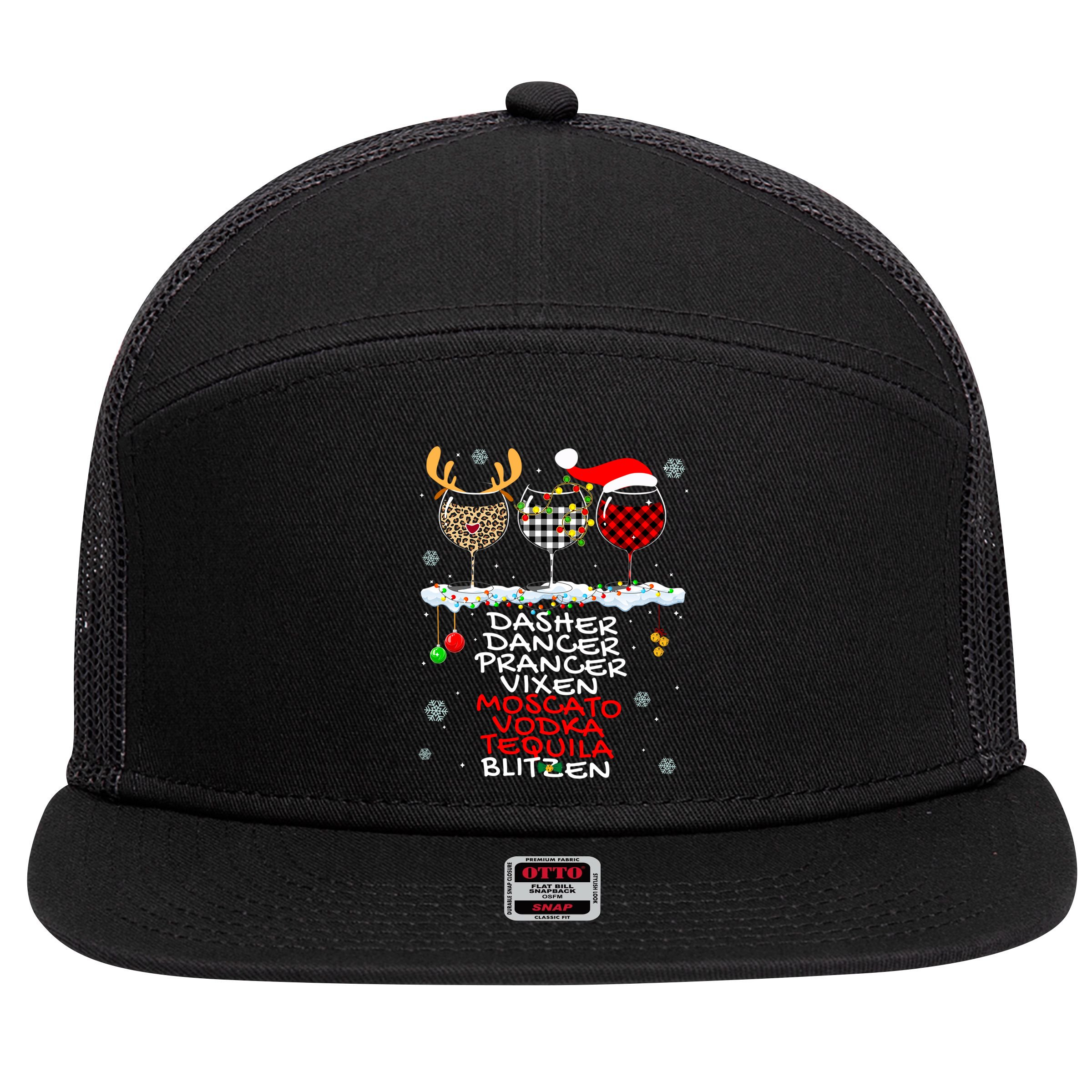 Dasher Dancer Prancer Vixen Moscato Vodka Tequila Blitzen Cool Gift 7 Panel Mesh Trucker Snapback Hat