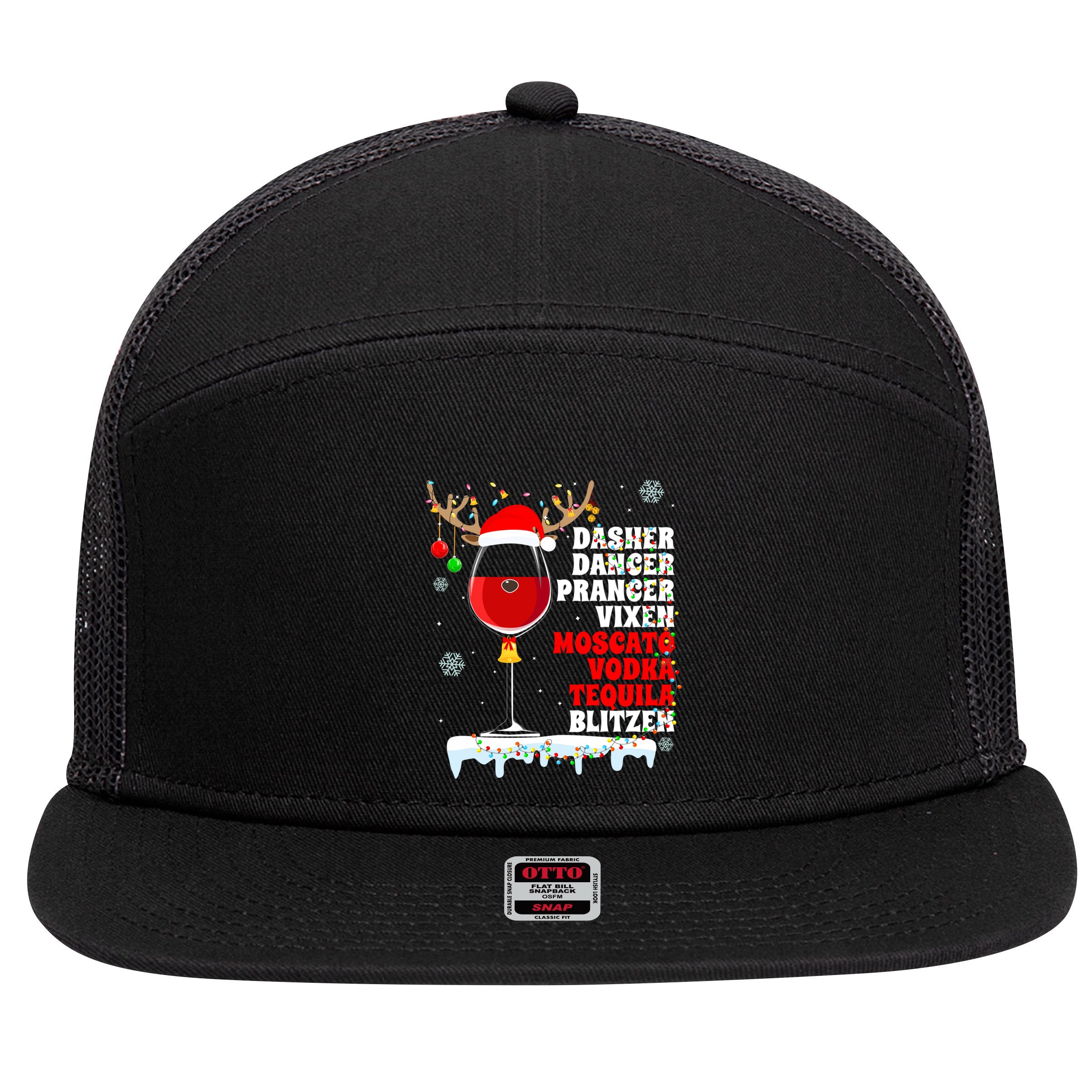 Dasher Dancer Prancer Vixen Moscato Vodka Tequila Blitzen Gift 7 Panel Mesh Trucker Snapback Hat