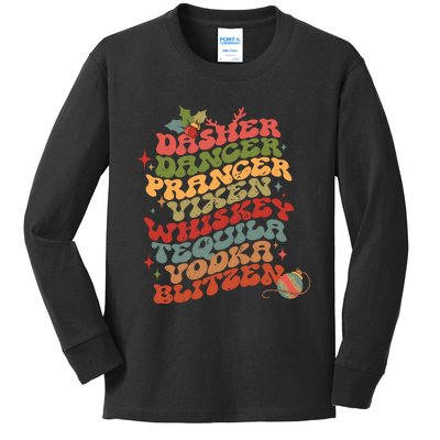 Dasher Dancer Prancer Vixen Whiskey Tequila Vodka Blitzen Retro Christmas Kids Long Sleeve Shirt