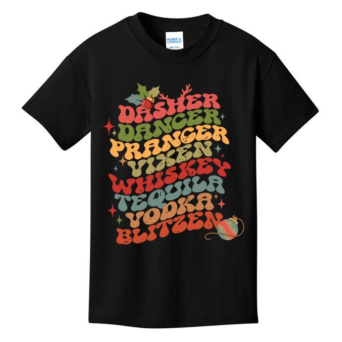 Dasher Dancer Prancer Vixen Whiskey Tequila Vodka Blitzen Retro Christmas Kids T-Shirt