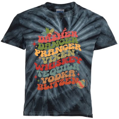 Dasher Dancer Prancer Vixen Whiskey Tequila Vodka Blitzen Retro Christmas Kids Tie-Dye T-Shirt