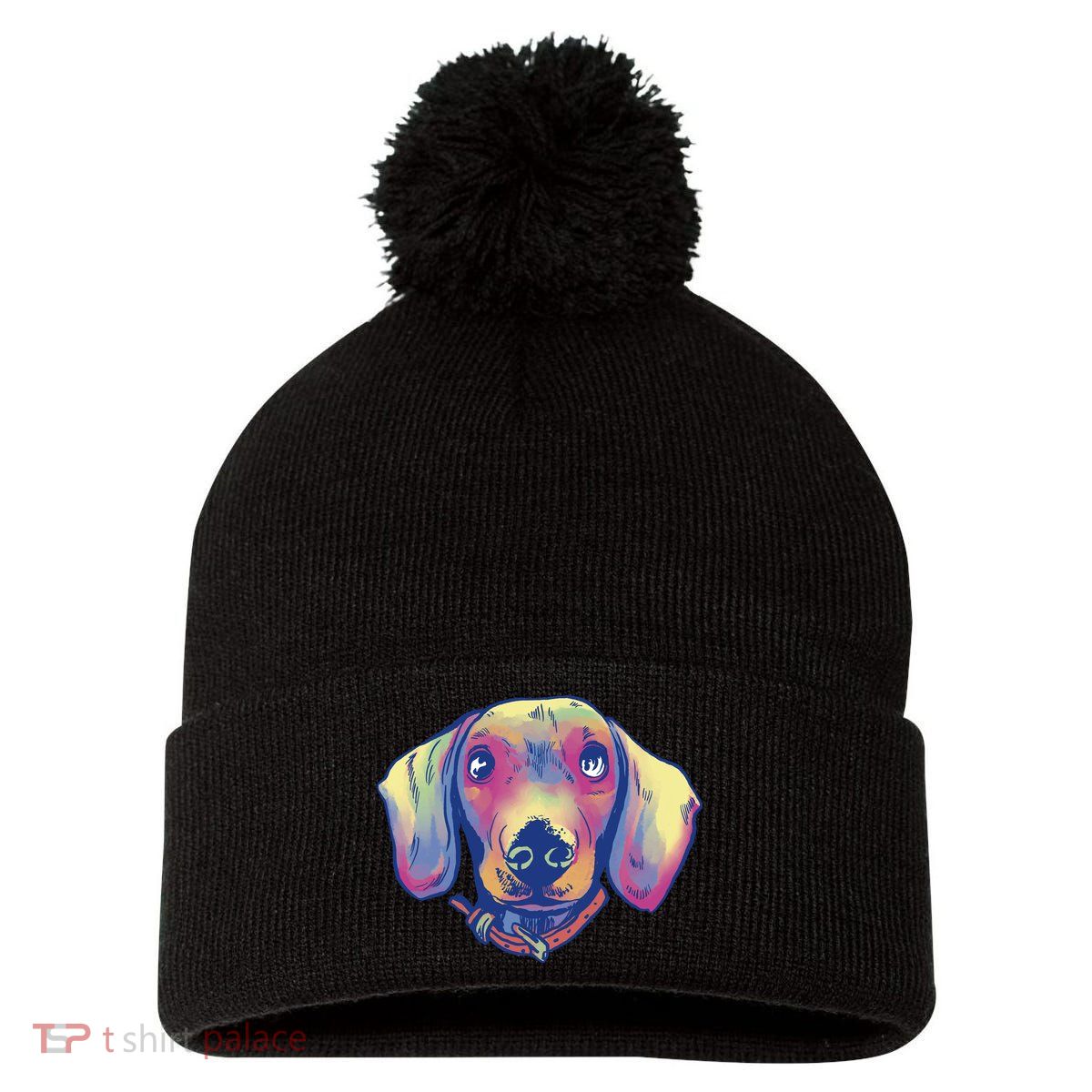 Dachshund Dog Portrait Pom Pom 12in Knit Beanie