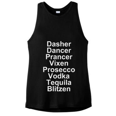 Dasher Dancer Prancer Vixen Vodka Tequila Alcohol List Funny Ladies PosiCharge Tri-Blend Wicking Tank