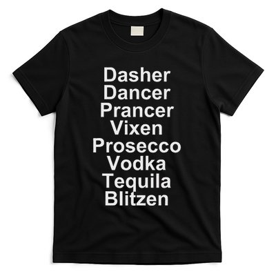 Dasher Dancer Prancer Vixen Vodka Tequila Alcohol List Funny T-Shirt