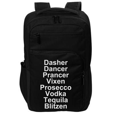 Dasher Dancer Prancer Vixen Vodka Tequila Alcohol List Funny Impact Tech Backpack