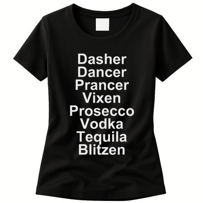 Dasher Dancer Prancer Vixen Vodka Tequila Alcohol List Funny Womens T-Shirt