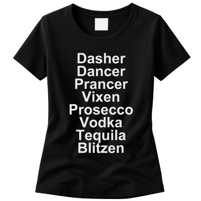 Dasher Dancer Prancer Vixen Vodka Tequila Alcohol List Funny Womens T-Shirt