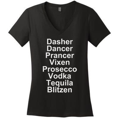 Dasher Dancer Prancer Vixen Vodka Tequila Alcohol List Funny Women's V-Neck T-Shirt
