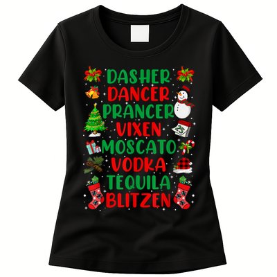 Dasher Dancer Prancer Vixen Moscato Vodka Tequila Blitzen Womens T-Shirt