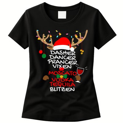 Dasher Dancer Prancer Vixen Moscato Vodka Tequila Blitzen Womens T-Shirt
