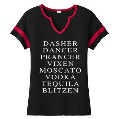 Dasher Dancer Prancer Vixen Moscato Vodka Tequila Blitzen Gift Ladies Halftime Notch Neck Tee