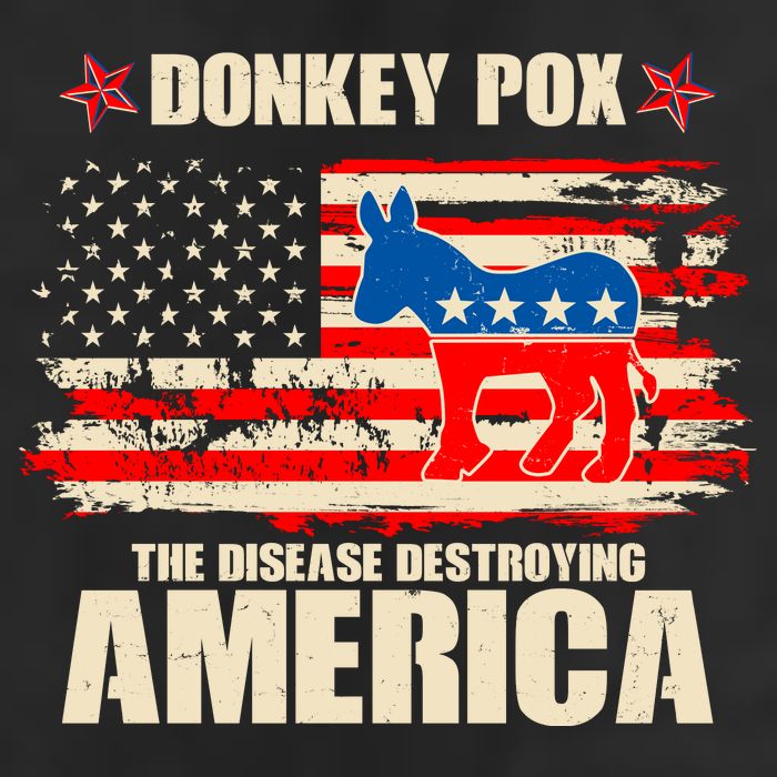 Distressed Donkey Pox The Disease Destroying America 7 Panel Mesh Trucker Snapback Hat