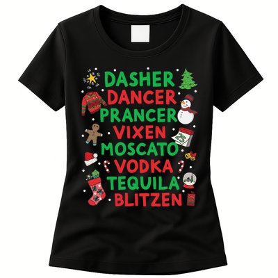 Dasher Dancer Prancer Vixen Moscato Vodka Tequila Blitzen Womens T-Shirt