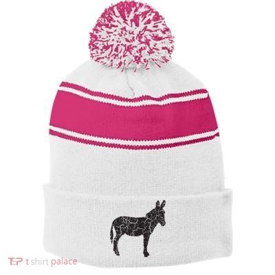 Donkey Distressed Print Vintage Donkey Stripe Pom Pom Beanie