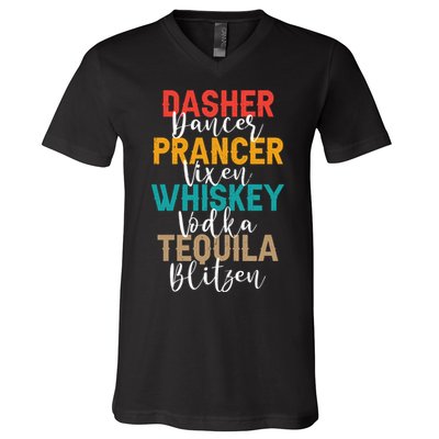 Dasher Dancer Prancer Vixen Whiskey Vodka Tequila Blitzen V-Neck T-Shirt