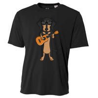 Dachshund Dog Playing Ukulele funny Guitar Cooling Performance Crew T-Shirt