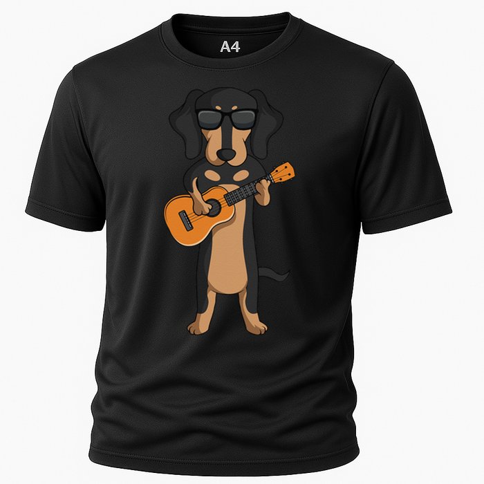 Dachshund Dog Playing Ukulele funny Guitar Cooling Performance Crew T-Shirt