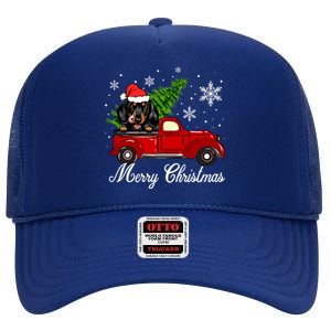 Dachshund Dog Riding Red Truck Christmas Decorations Pajama Gift High Crown Mesh Back Trucker Hat