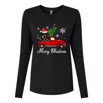 Dachshund Dog Riding Red Truck Christmas Decorations Womens Cotton Relaxed Long Sleeve T-Shirt