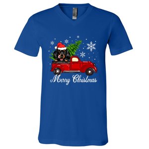 Dachshund Dog Riding Red Truck Christmas Decorations Pajama Cool Gift V-Neck T-Shirt