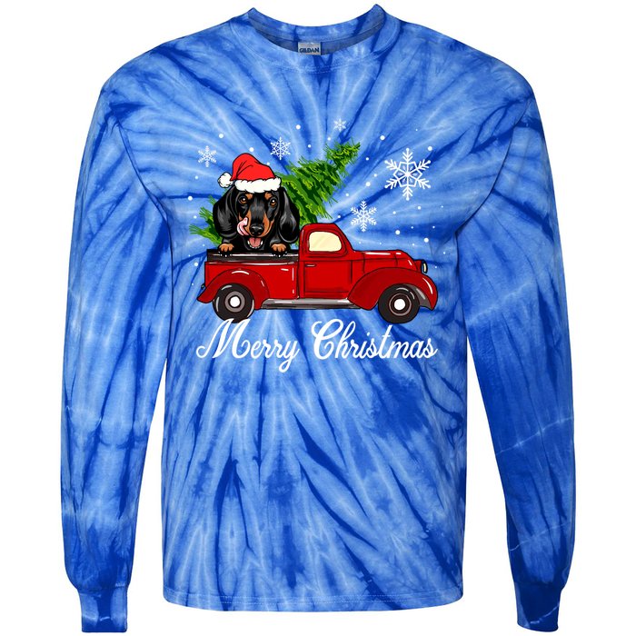 Dachshund Dog Riding Red Truck Christmas Decorations Pajama Cool Gift Tie-Dye Long Sleeve Shirt