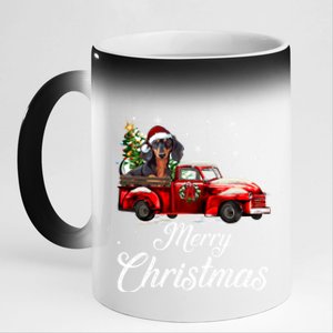 Dachshund Dog Riding Red Truck Christmas Decorations Pajama Gift 11oz Black Color Changing Mug