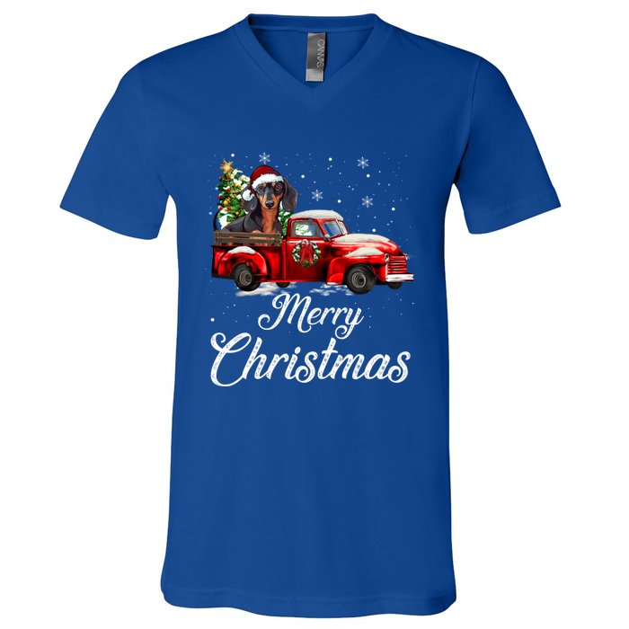 Dachshund Dog Riding Red Truck Christmas Decorations Pajama Gift V-Neck T-Shirt