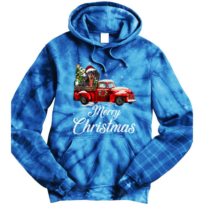 Dachshund Dog Riding Red Truck Christmas Decorations Pajama Gift Tie Dye Hoodie