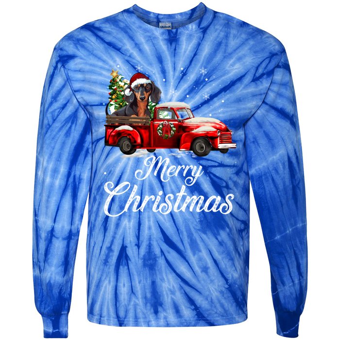 Dachshund Dog Riding Red Truck Christmas Decorations Pajama Gift Tie-Dye Long Sleeve Shirt