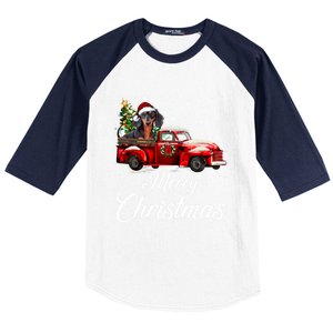 Dachshund Dog Riding Red Truck Christmas Decorations Pajama Gift Baseball Sleeve Shirt