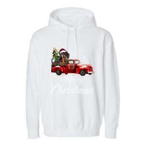 Dachshund Dog Riding Red Truck Christmas Decorations Pajama Gift Garment-Dyed Fleece Hoodie