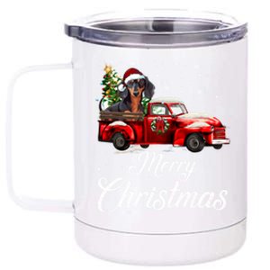 Dachshund Dog Riding Red Truck Christmas Decorations Pajama Gift 12 oz Stainless Steel Tumbler Cup