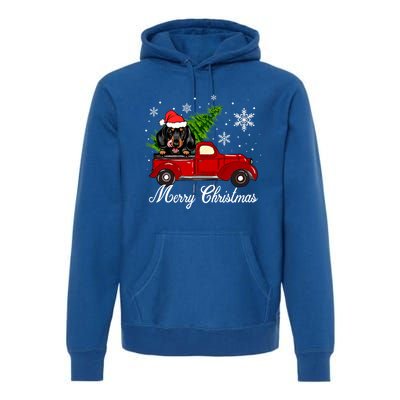 Dachshund Dog Riding Red Truck Christmas Decorations Pajama Gift Premium Hoodie