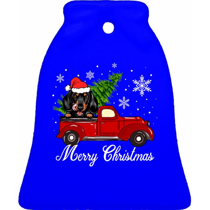 Dachshund Dog Riding Red Truck Christmas Decorations Pajama Gift Ceramic Bell Ornament