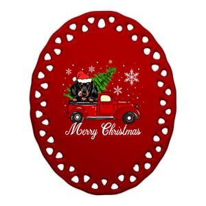 Dachshund Dog Riding Red Truck Christmas Decorations Pajama Gift Ceramic Oval Ornament