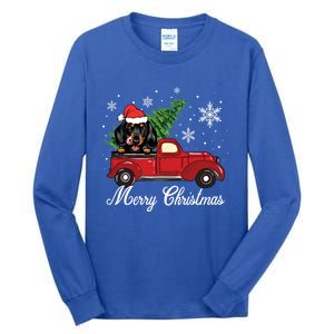 Dachshund Dog Riding Red Truck Christmas Decorations Pajama Gift Tall Long Sleeve T-Shirt