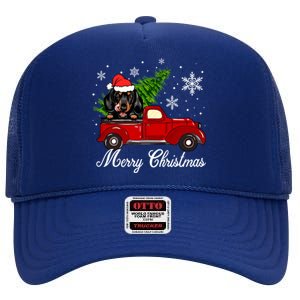 Dachshund Dog Riding Red Truck Christmas Decorations Pajama Cute Gift High Crown Mesh Back Trucker Hat