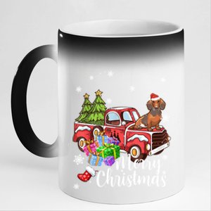 Dachshund Dog Riding Red Truck Christmas Decorations Pajama Gift 11oz Black Color Changing Mug