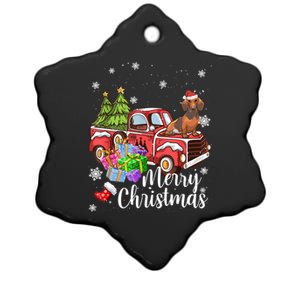 Dachshund Dog Riding Red Truck Christmas Decorations Pajama Gift Ceramic Star Ornament