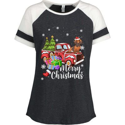 Dachshund Dog Riding Red Truck Christmas Decorations Pajama Gift Enza Ladies Jersey Colorblock Tee