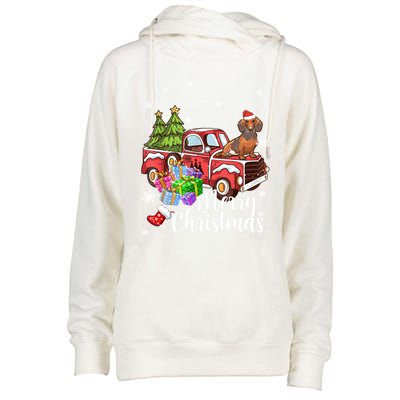 Dachshund Dog Riding Red Truck Christmas Decorations Pajama Gift Womens Funnel Neck Pullover Hood