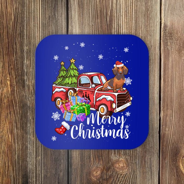 Dachshund Dog Riding Red Truck Christmas Decorations Pajama Gift Coaster